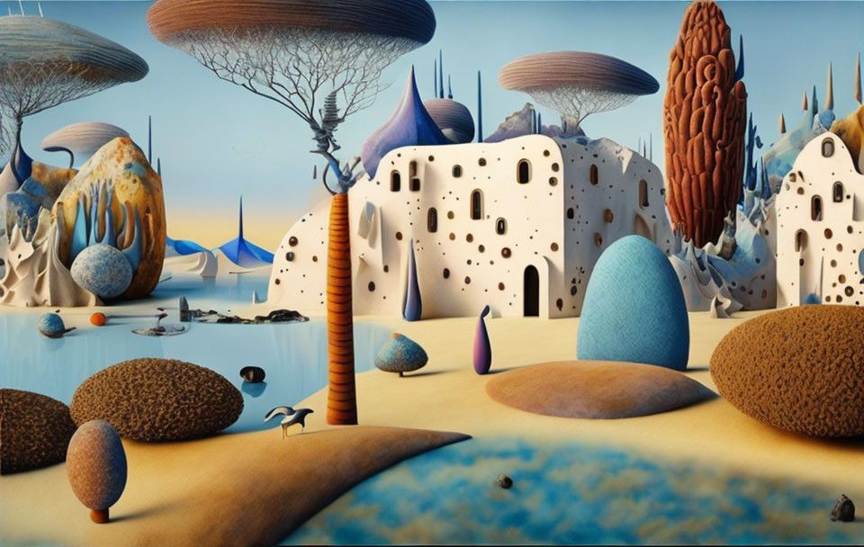 Surreal landscape with whimsical organic structures in blues, creams, and browns