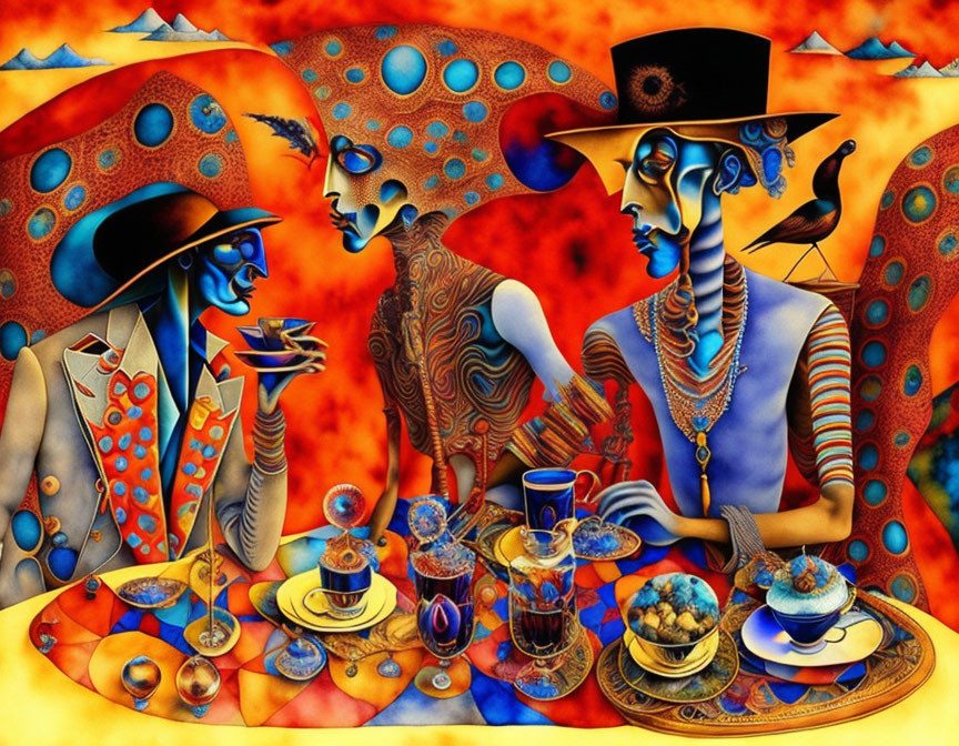 Colorful surrealistic artwork: stylized figures in hats conversing at table with elaborate cups and spheres