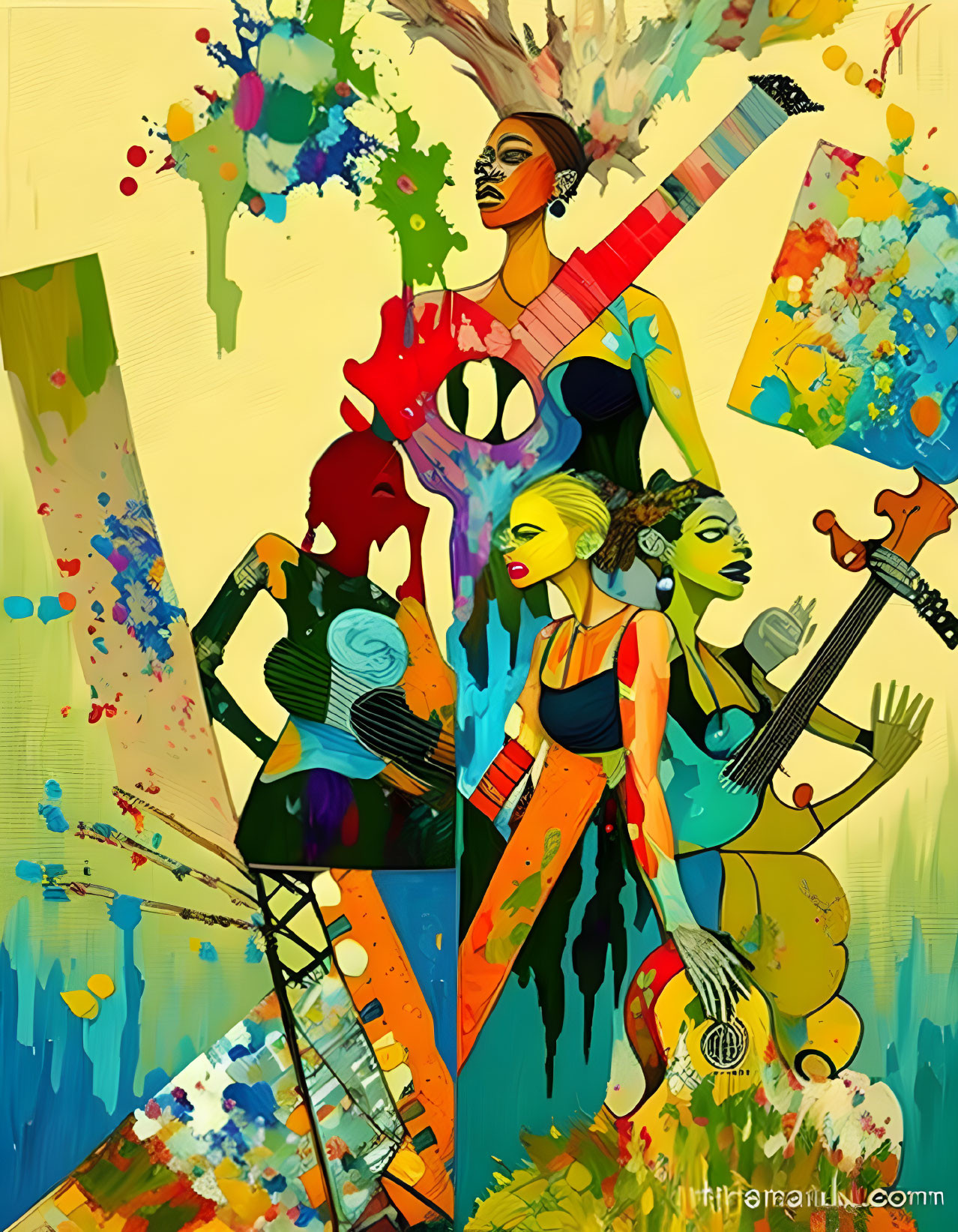 Colorful abstract art: Stylized women with musical instruments in dynamic composition.