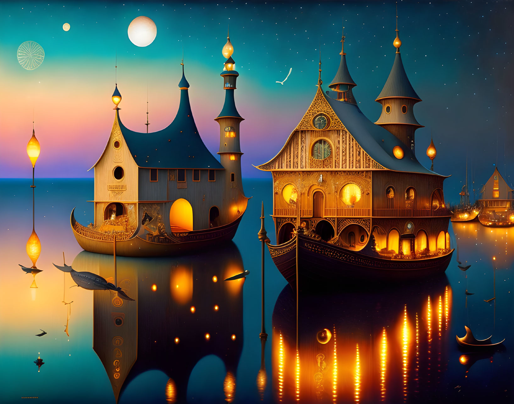 Night Seascape with Illuminated Ship-like Structures Reflecting Stars, Moons, and Gradient Sky