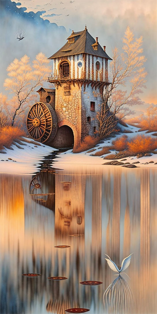 Whimsical painting of stone tower and water wheel in snowy landscape