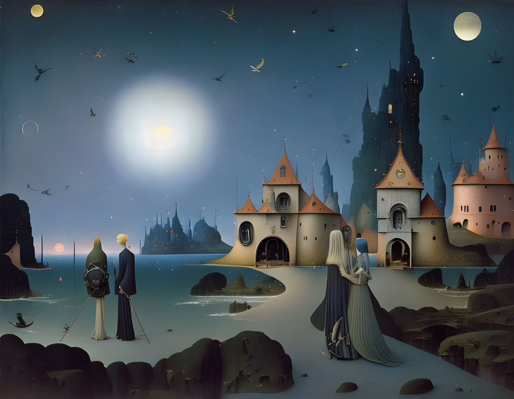 Whimsical night scene with figures and celestial elements