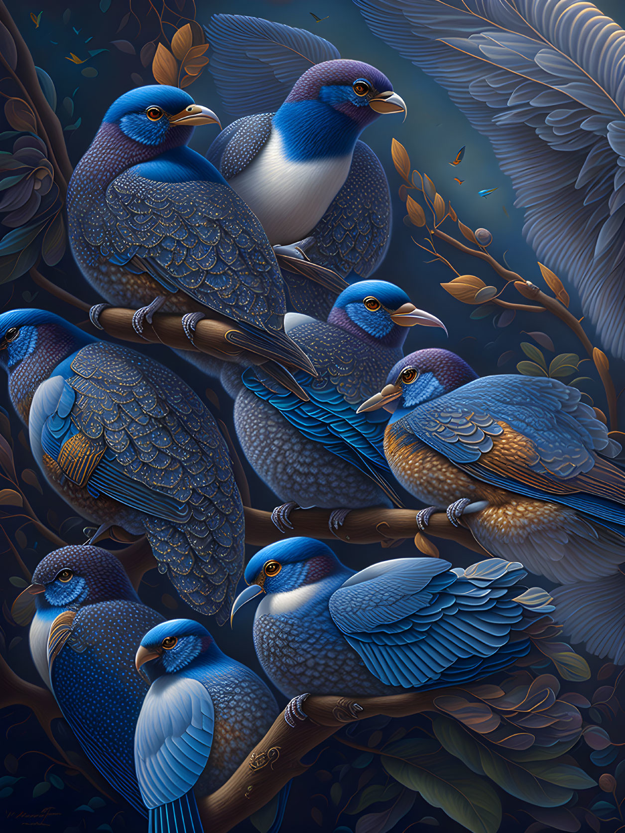 Stylized blue birds on branches with intricate feather patterns