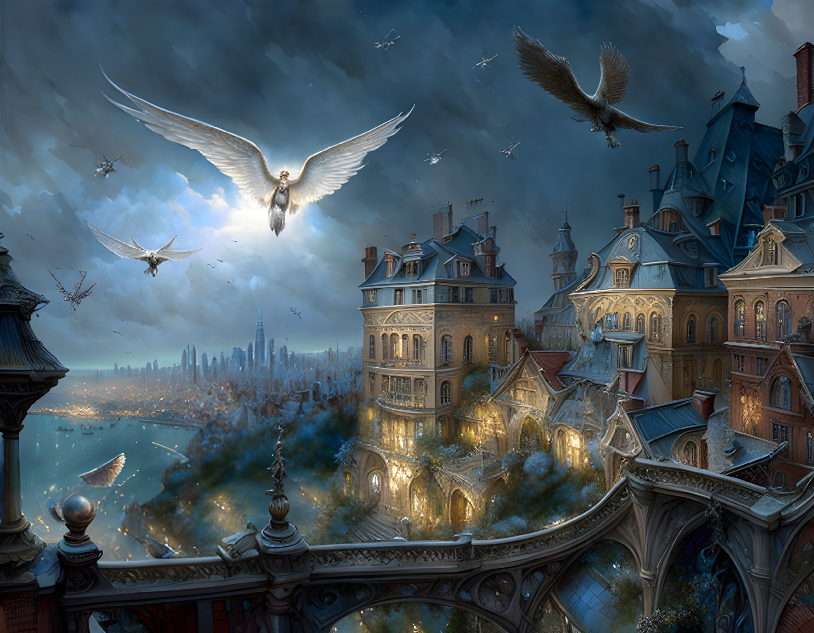 Fantasy cityscape at dusk with ornate buildings, lit bridge, and flying birds.