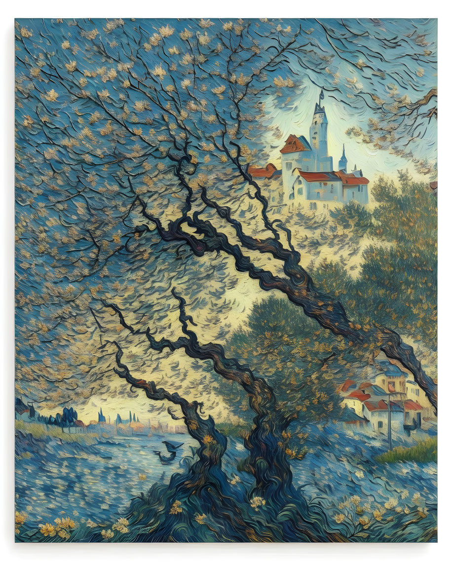 Expressionist painting of gnarled tree, village, and church in swirling brushstrokes