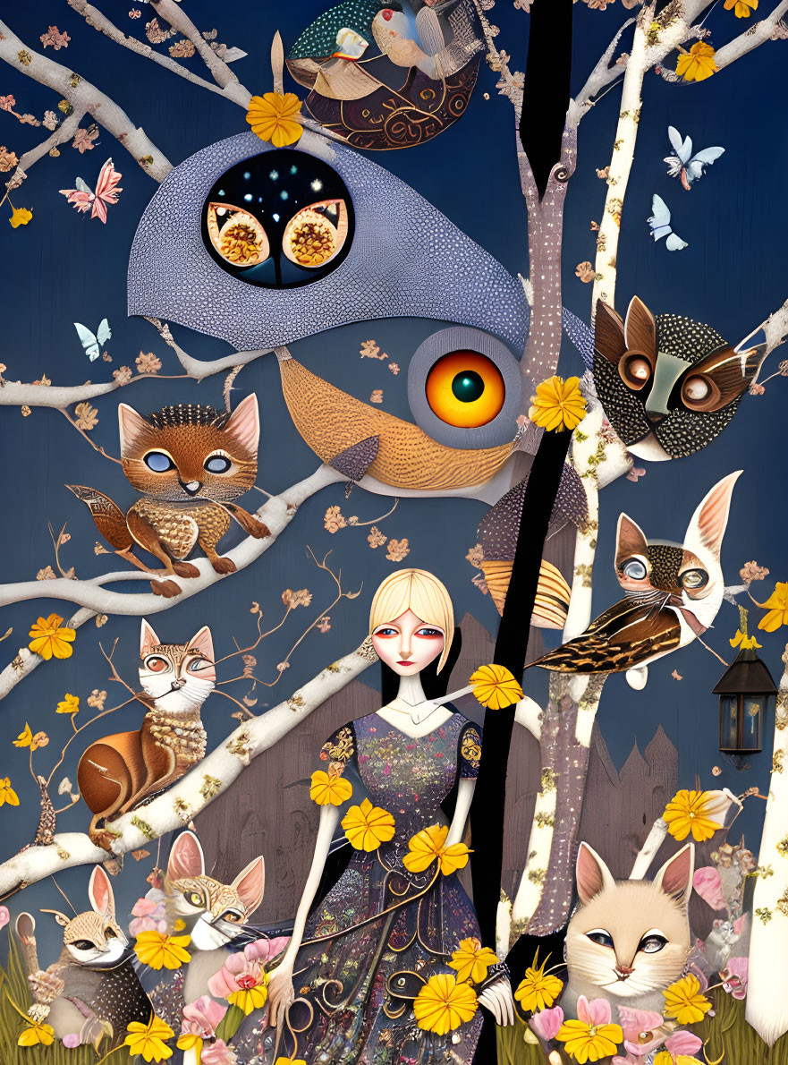 Whimsical woman with owl and nature elements illustration