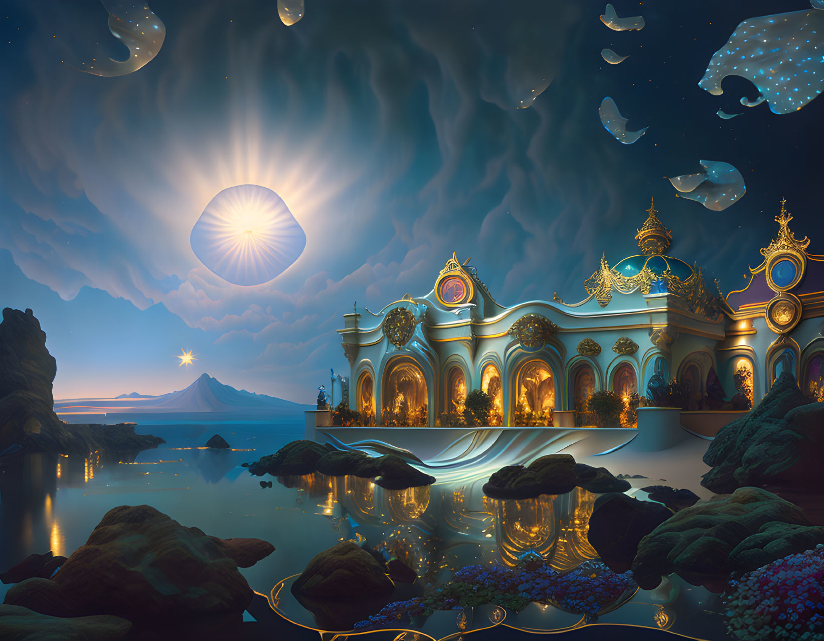 Fantasy landscape with grand palace, reflective lake, starry sky, floating rocks, and stingray