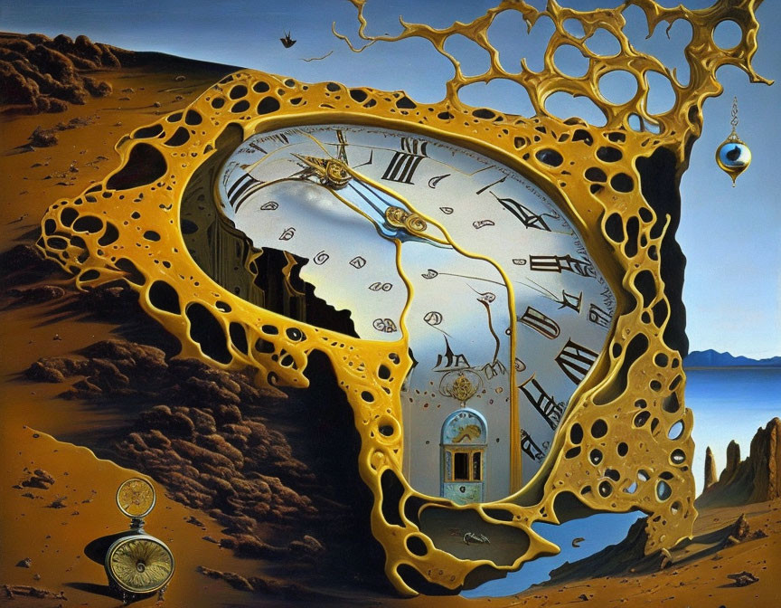 Surreal painting with melted clocks over barren landscape and tree