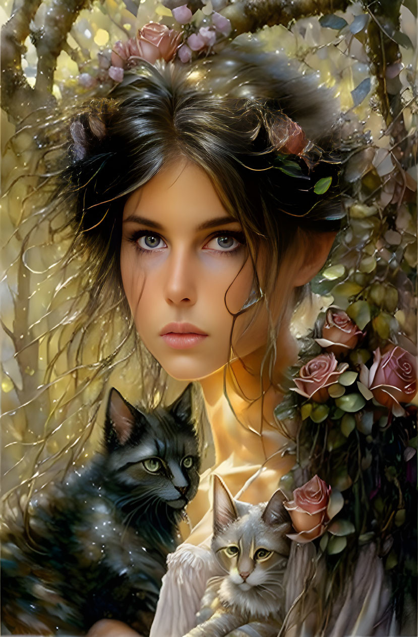 Blue-eyed woman with floral hair decorations and cats in soft light and roses.