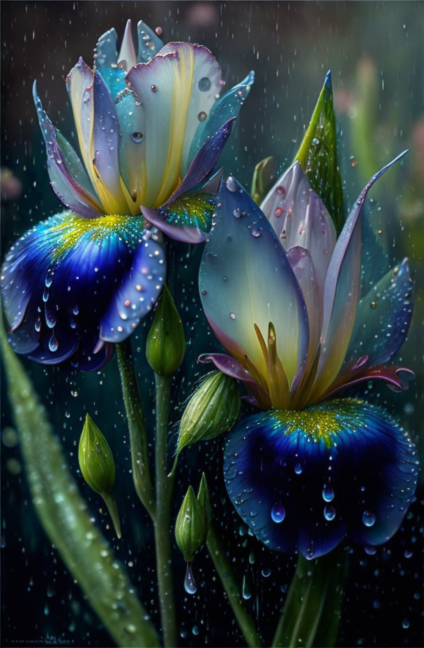 Vibrant blue and purple flowers with dew drops in light rain on dark background