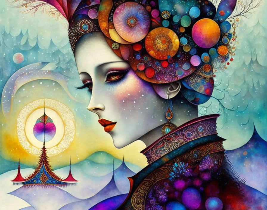 Vibrant illustration: Woman with floral headdress on starry background