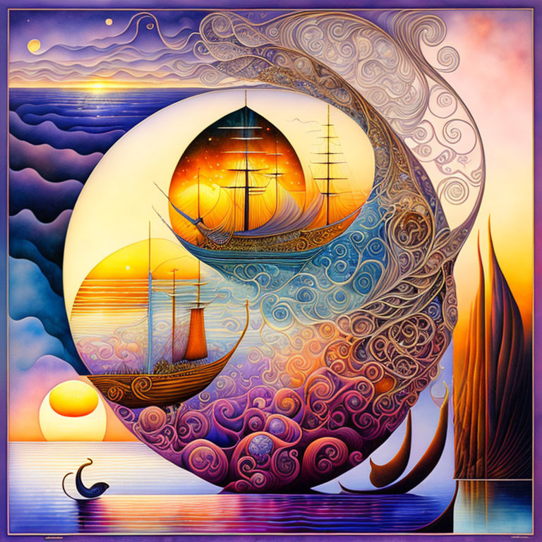 Surreal Artwork: Crescent Moon Cradling Ships on Vibrant Ocean