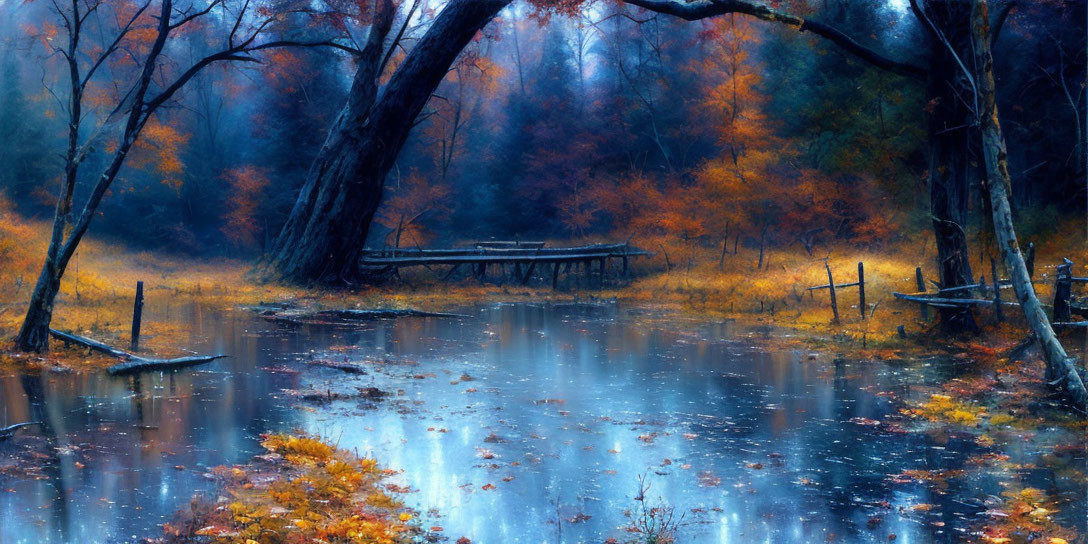 Tranquil autumn forest with misty pond and wooden bridge