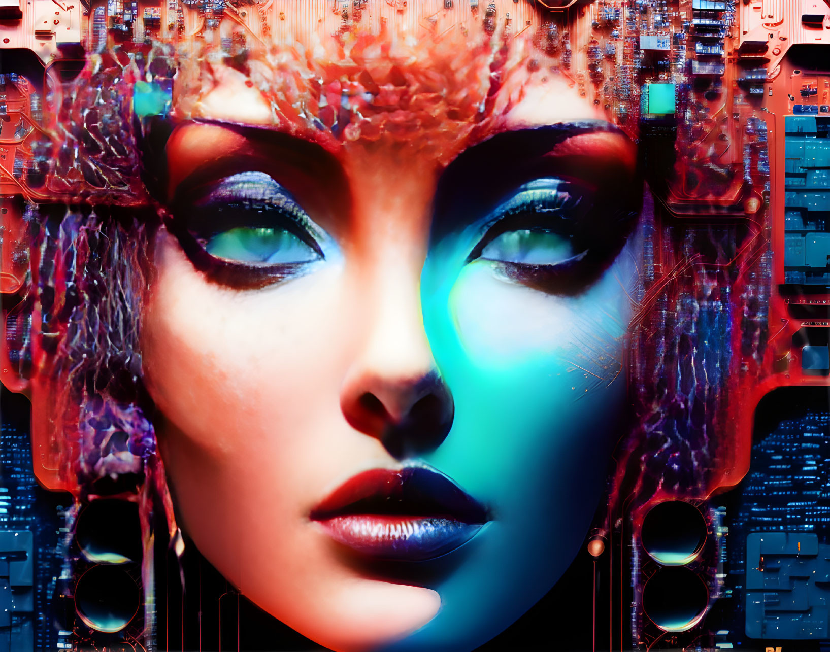 Woman's face fused with circuitry in neon digital art