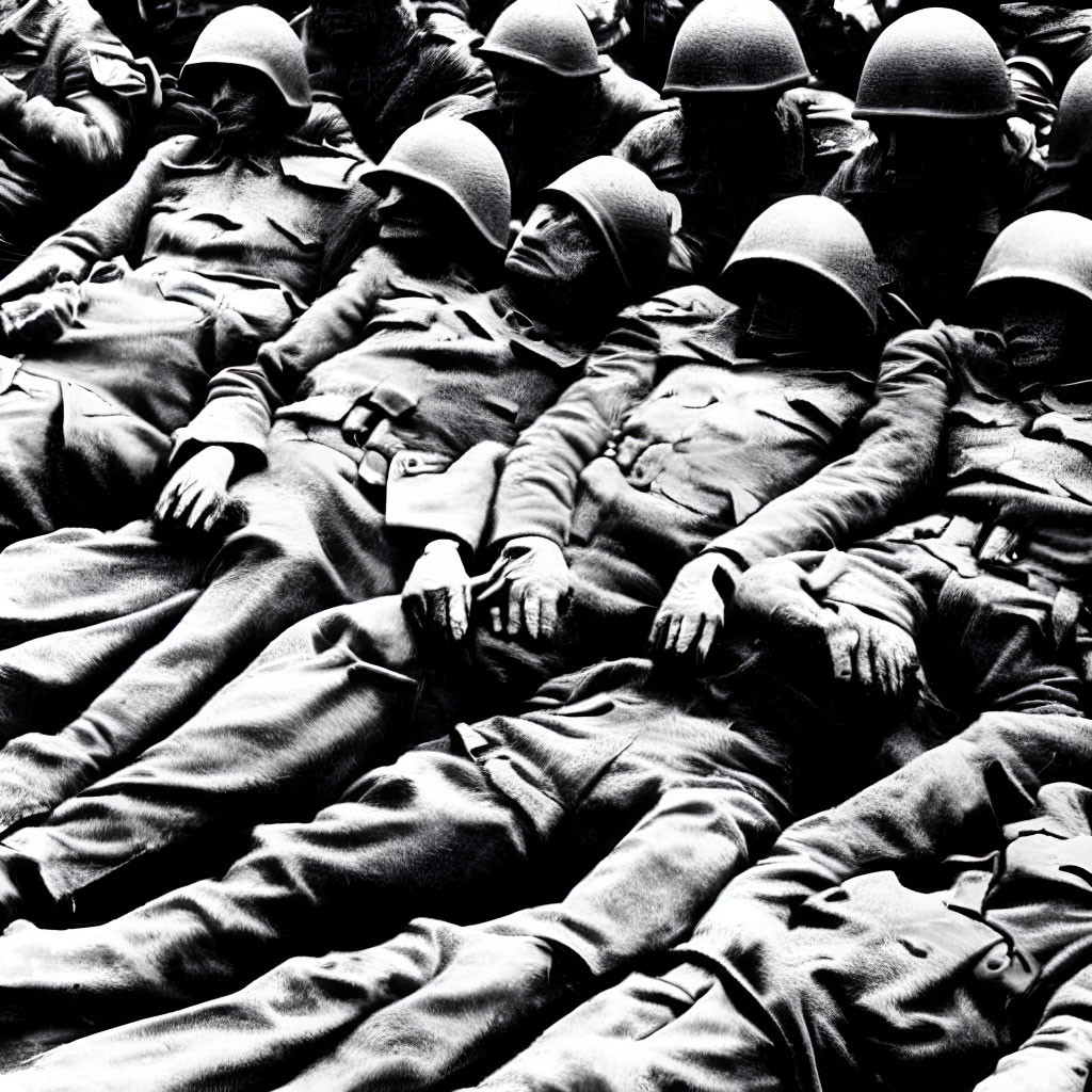 Soldiers in uniform lying close together in ground pattern