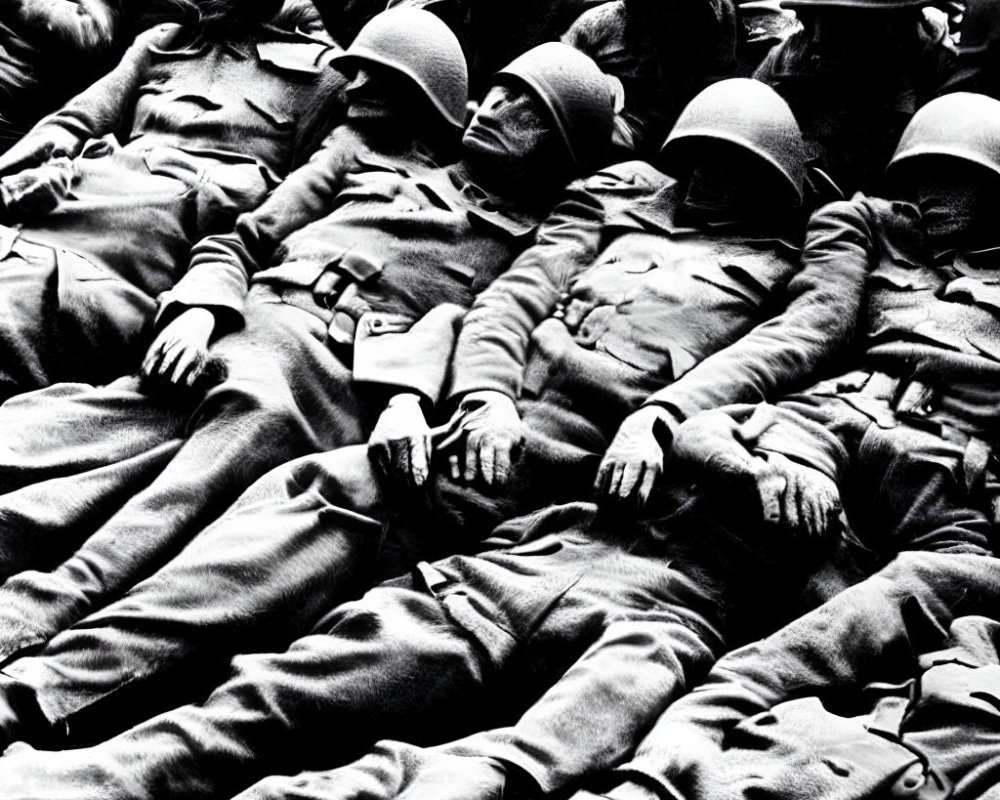 Soldiers in uniform lying close together in ground pattern