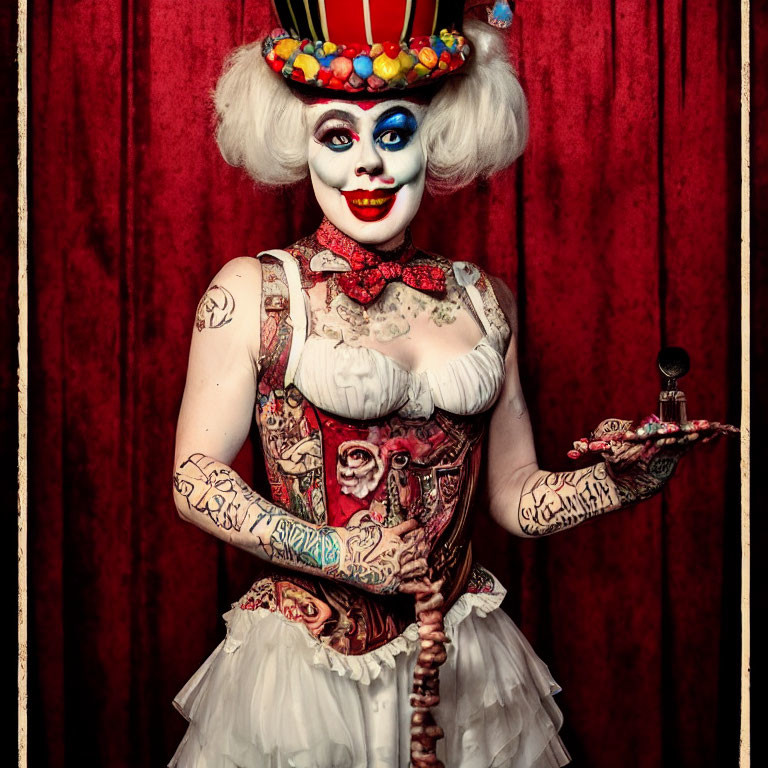 Colorful clown with tattoos and sinister smile in front of red curtain