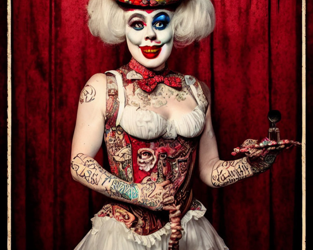 Colorful clown with tattoos and sinister smile in front of red curtain