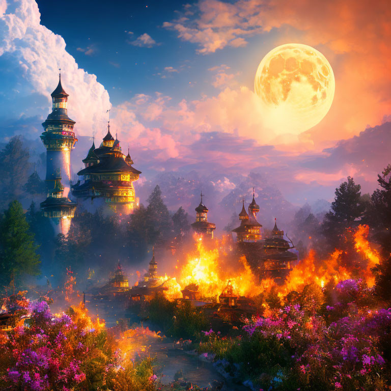 Fantasy landscape with traditional towers, trees, full moon, and drifting clouds