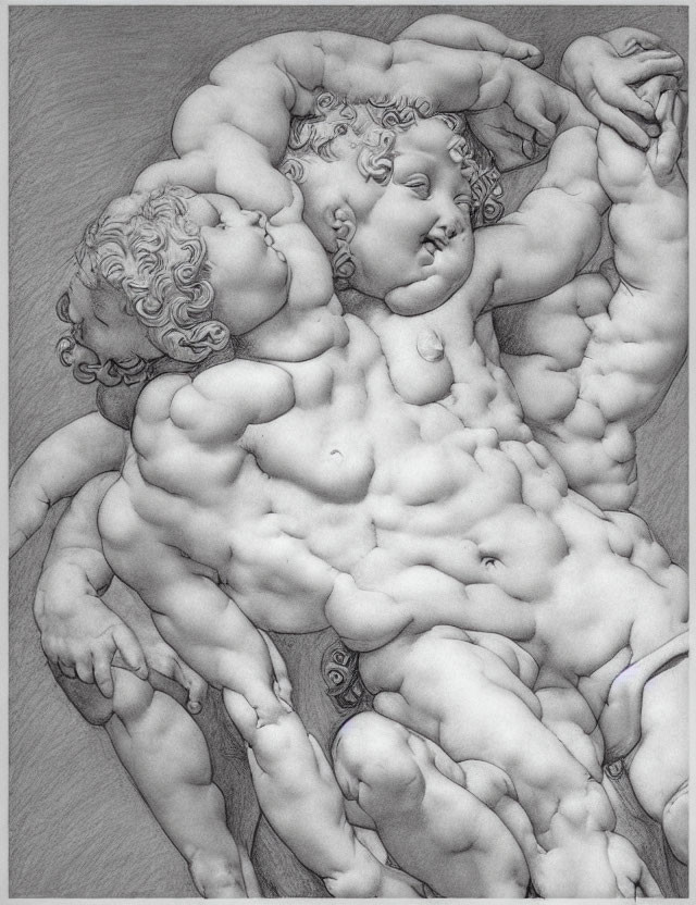 Detailed Renaissance-style sculpture drawing of muscular male figure with cherubs