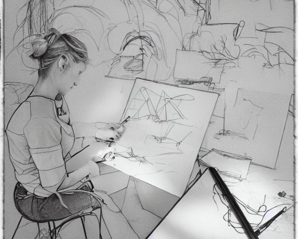 Artist sketching surrounded by drawings and tablet in creative room