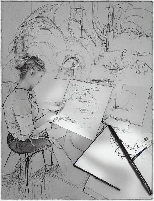 Artist sketching surrounded by drawings and tablet in creative room