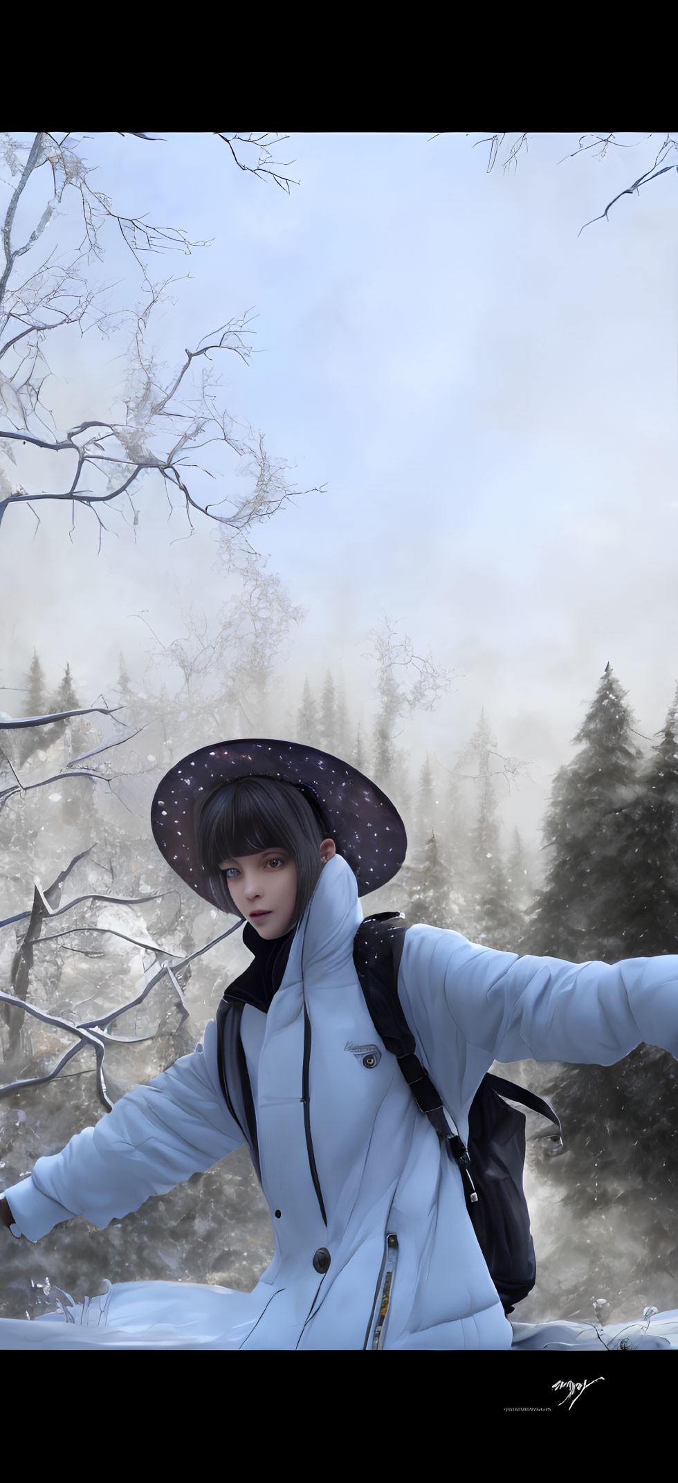 Digital artwork of woman in white coat and hat in snowy landscape