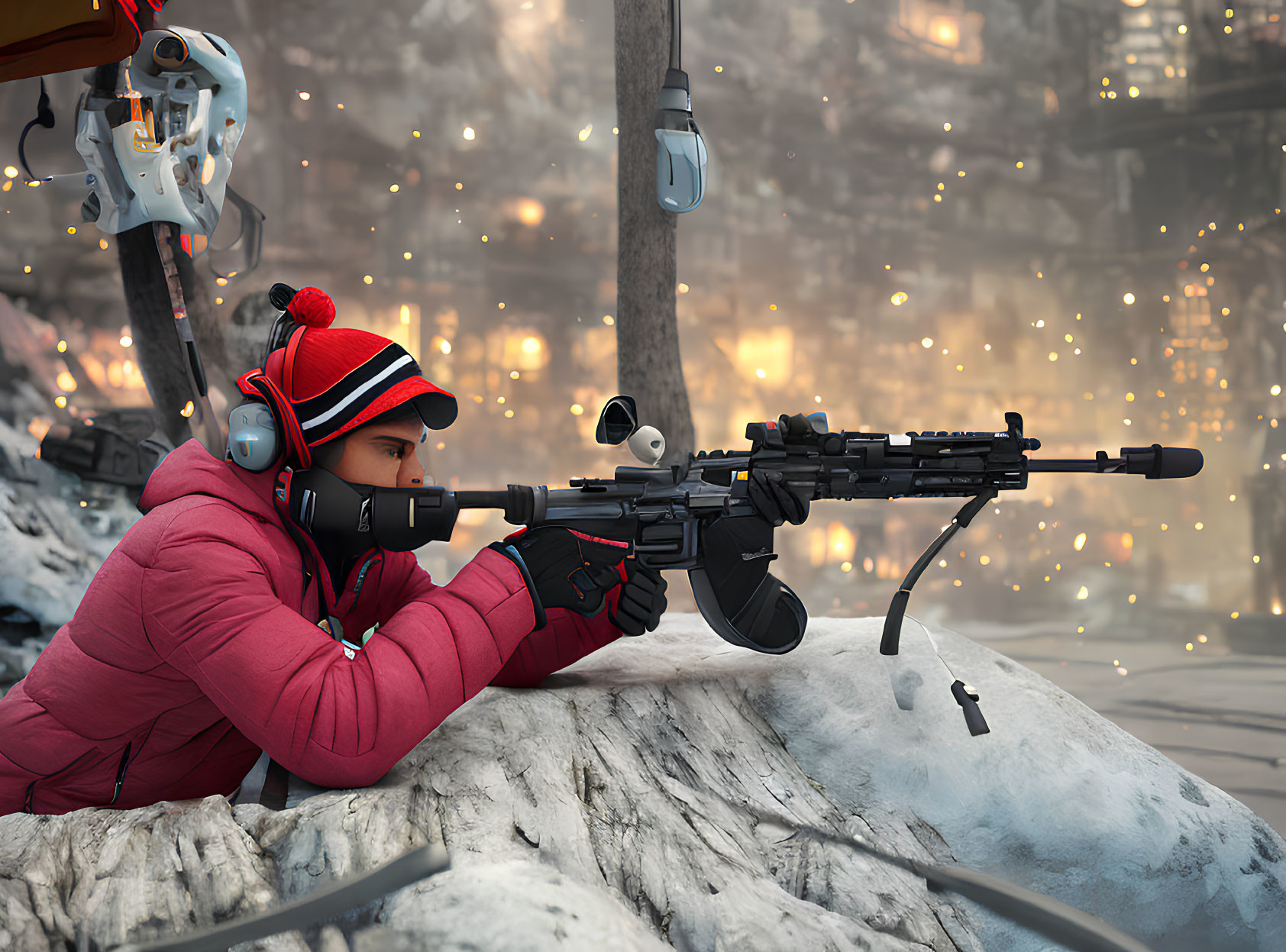 Person in red beanie aiming sniper rifle in snowy futuristic cityscape