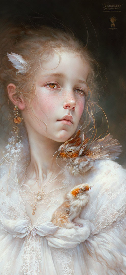 Serene young girl in white feathered outfit holding small bird