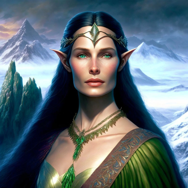 Female elf digital portrait with golden accessories in nature scenery