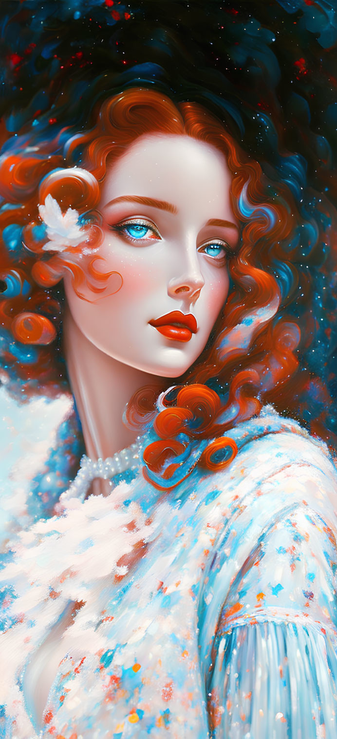 Digital portrait of woman with red hair and blue eyes, white feather, celestial blue background