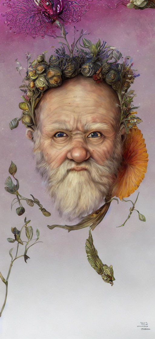 Portrait of an elder man with whimsical floral crown and serene expression