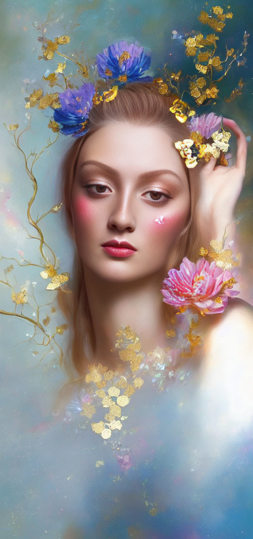 Woman with Flowers and Gold Leaf in Dreamlike Painting