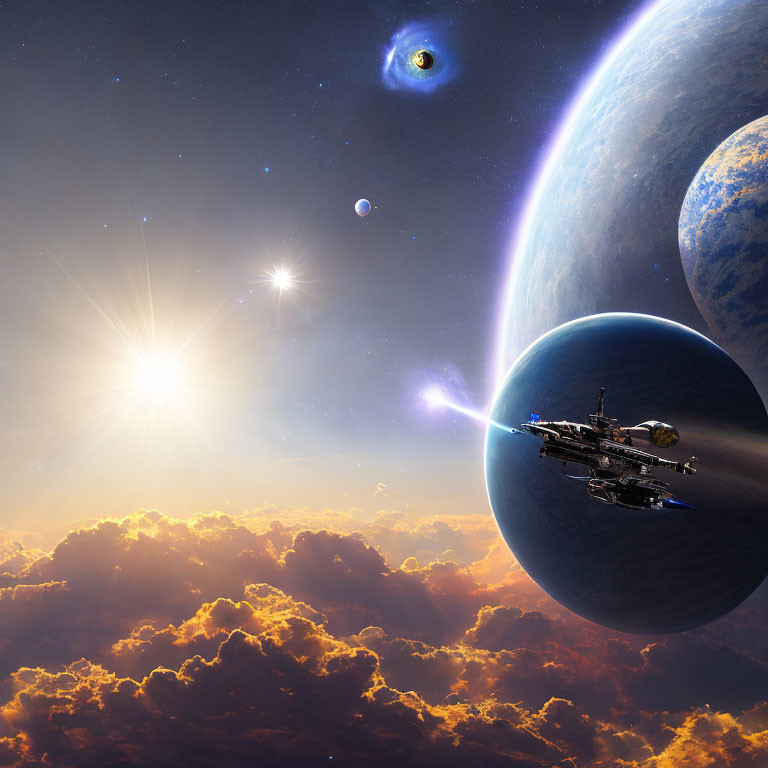 Spaceship hovers above vibrant clouds with planet, sun, and galaxy in background