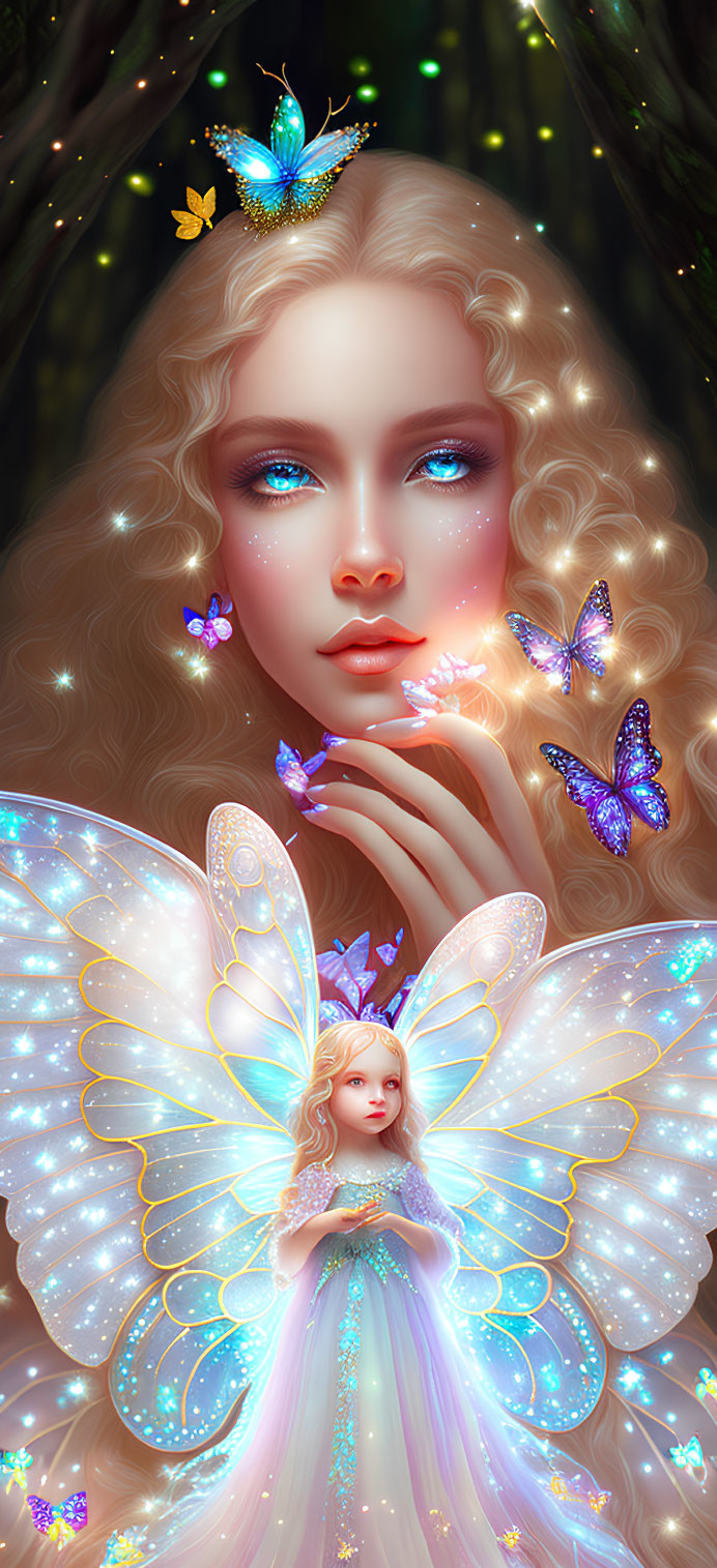 Fantasy digital art of a woman with butterfly wings in enchanted forest