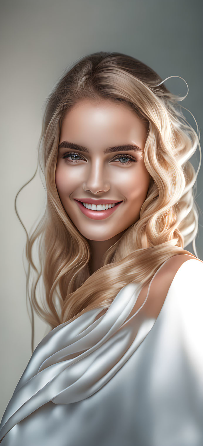 Smiling woman with long blonde hair in digital artwork