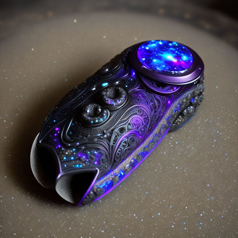 Futuristic ornate bracelet with cosmic patterns and metallic engravings