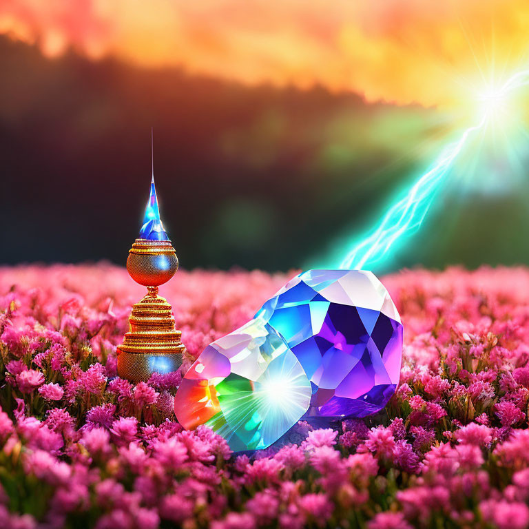 Colorful gemstone surrounded by pink flowers and pagoda under radiant sunset sky