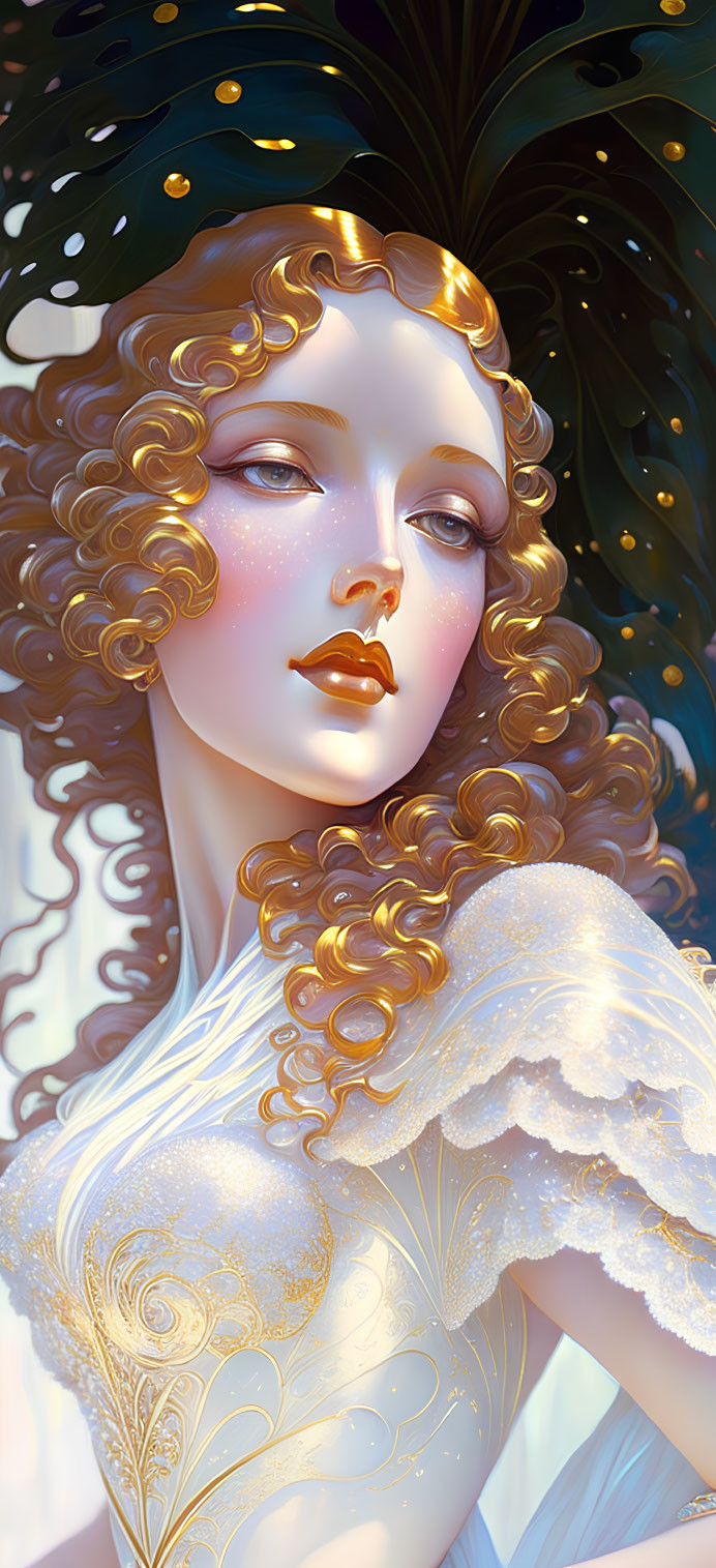 Digital artwork featuring woman with curly golden hair and white/gold dress