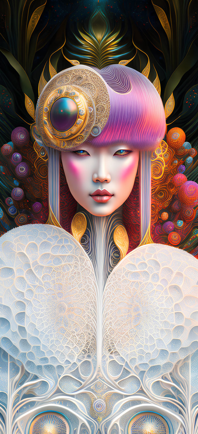 Detailed Stylized Woman Artwork with Lavender Hair and Golden Headdress