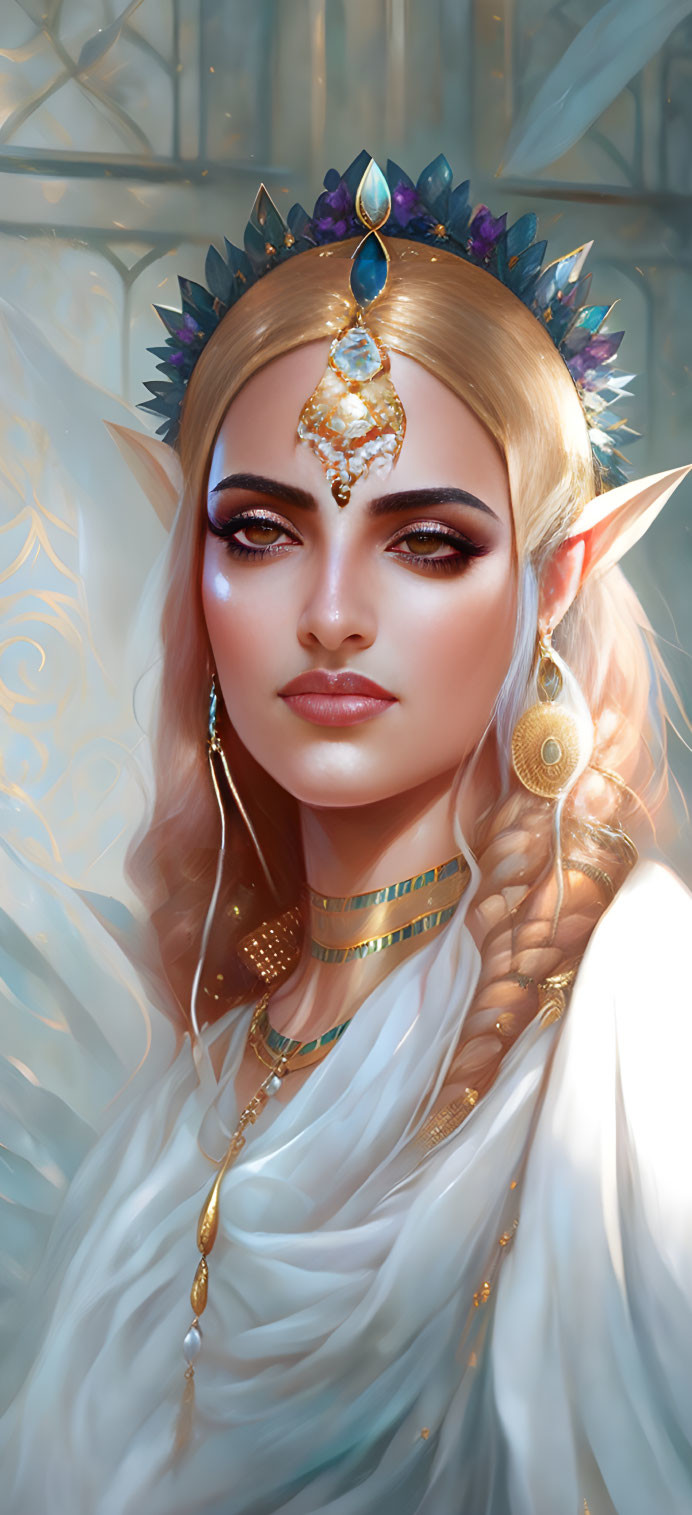 Blonde-haired elf with golden jewelry in soft background