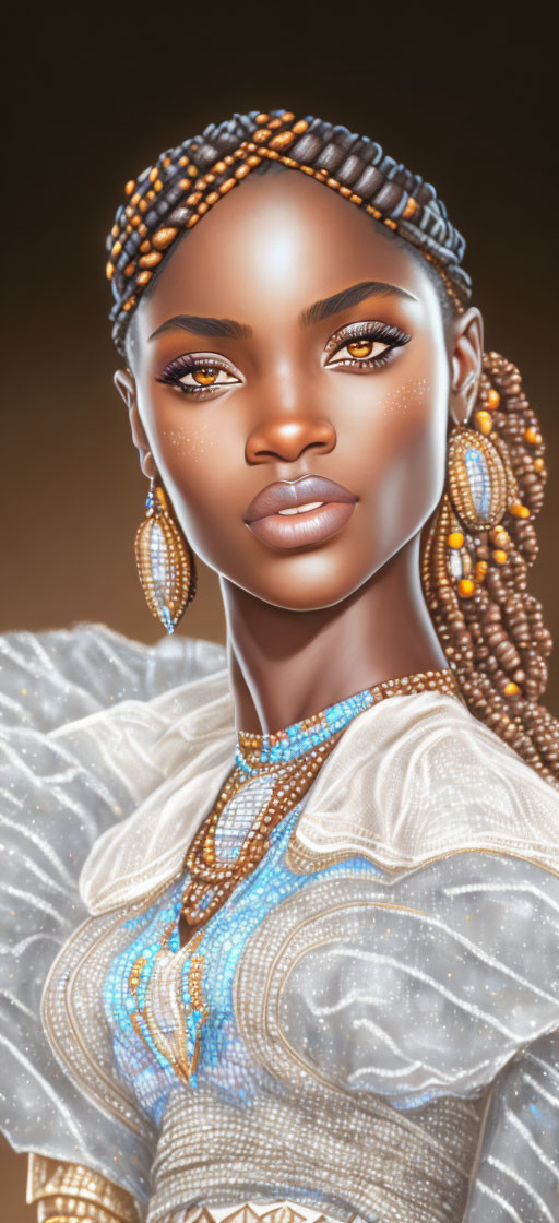 Detailed Beaded Hair and Traditional Attire in Digital Portrait