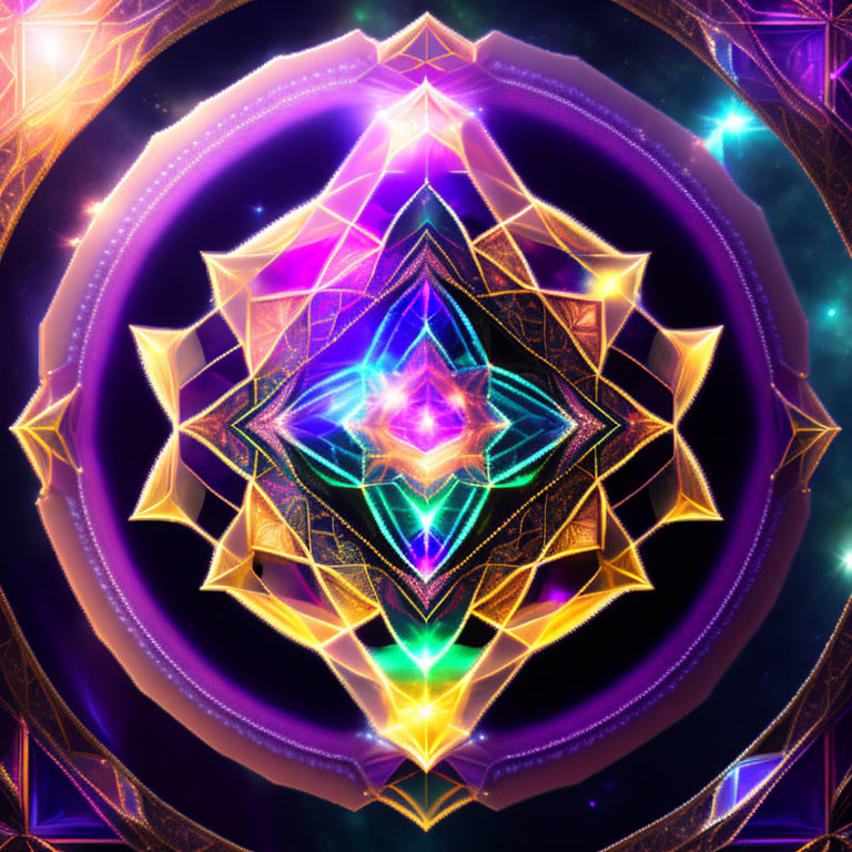 Colorful Geometric Mandala Art with Neon Colors and Celestial Background