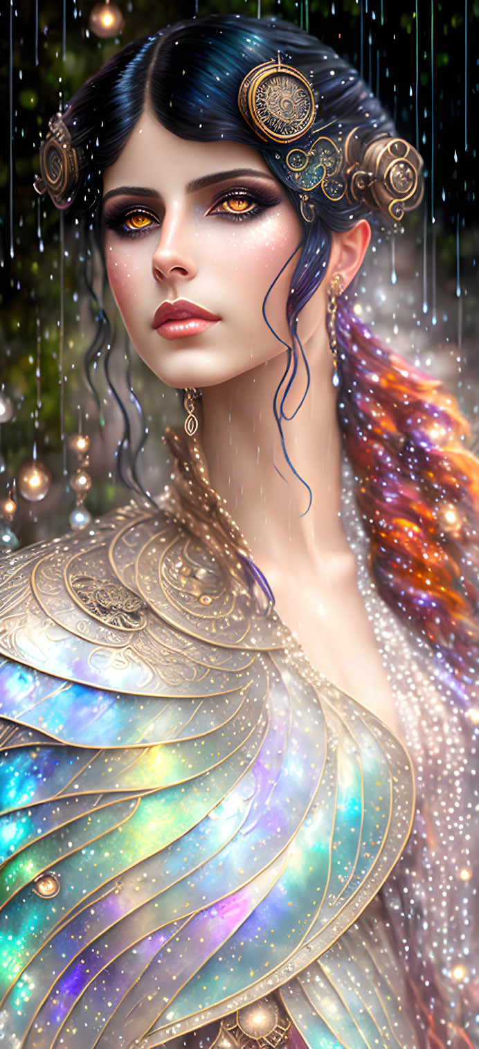 Illustrated woman in cosmic armor with blue-black hair and golden accessories on rain-drenched backdrop