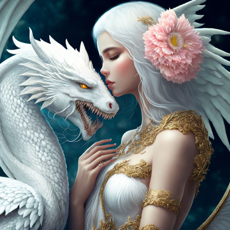 Fantasy illustration of woman with white hair and wings in golden armor with white dragon.