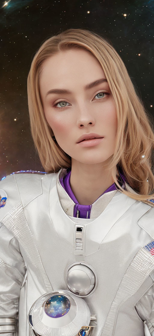 Woman in Futuristic Silver Spacesuit with Blue Eyes and Light Hair in Space Setting