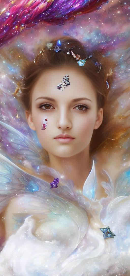 Serene woman with ethereal wings and celestial crystals in cosmic setting