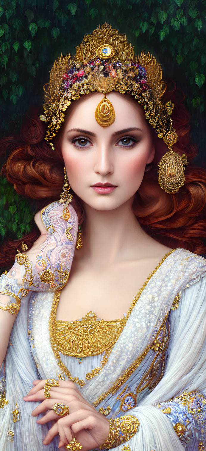 Regal woman in golden jewelry and crown, white dress with gold details, lush green backdrop