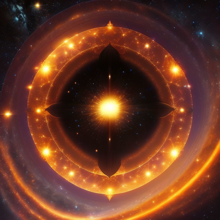 Cosmic digital art: Glowing star with concentric rings and mirrored reflection