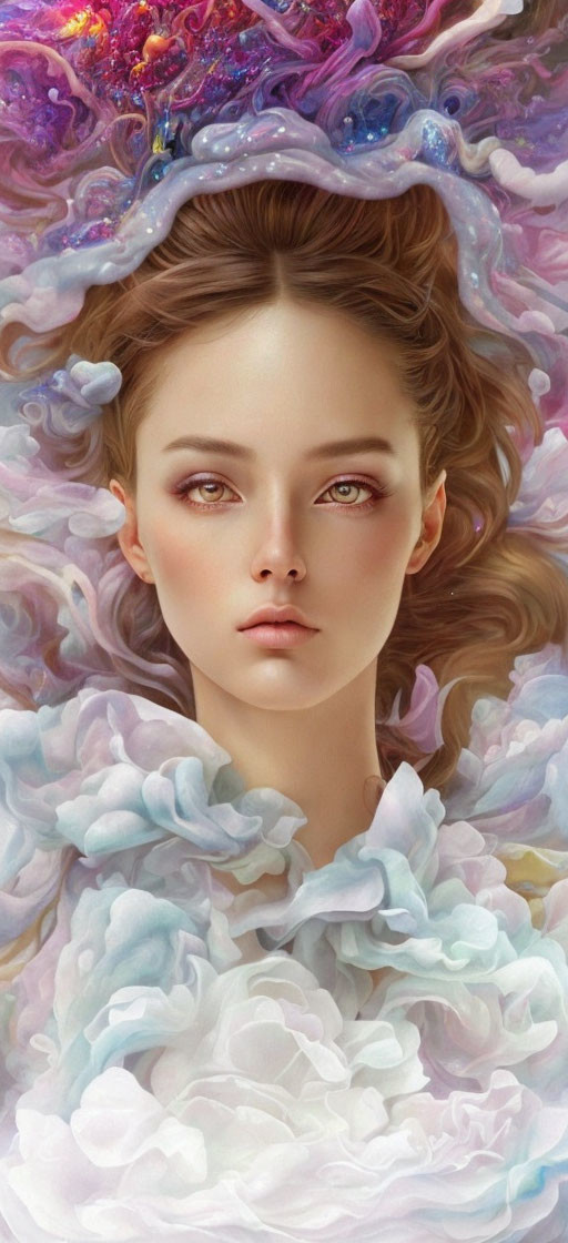 Detailed digital portrait of woman with striking eyes and colorful swirling flowers and clouds.